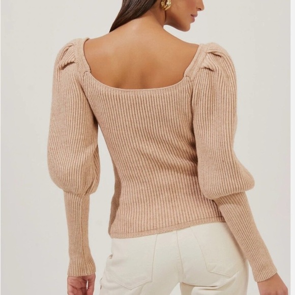 Astr Tan V-Neck Sweater with Puff Sleeves - Picture 3 of 8